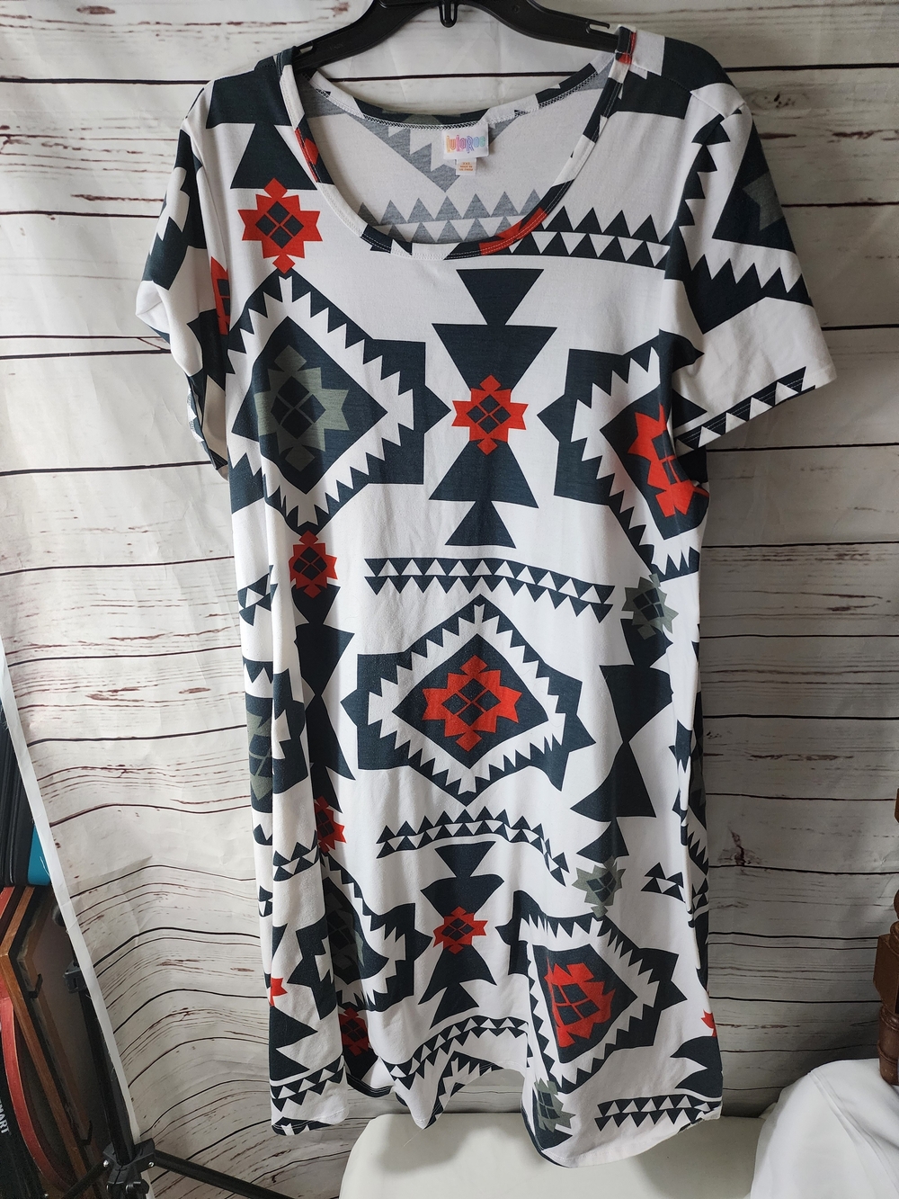 LuLaRoe White Aztec Geometric Midi Dress with Black and Red Accents - Picture 3 of 5